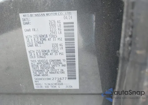 2024 Nissan Pathfinder Sl 4Wd z USA, uszkodzony, nr VIN 5N1DR3CC0RC271677